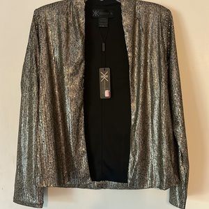NWT Kardashian Kollection black/gold sequin collarless jacket - size L.